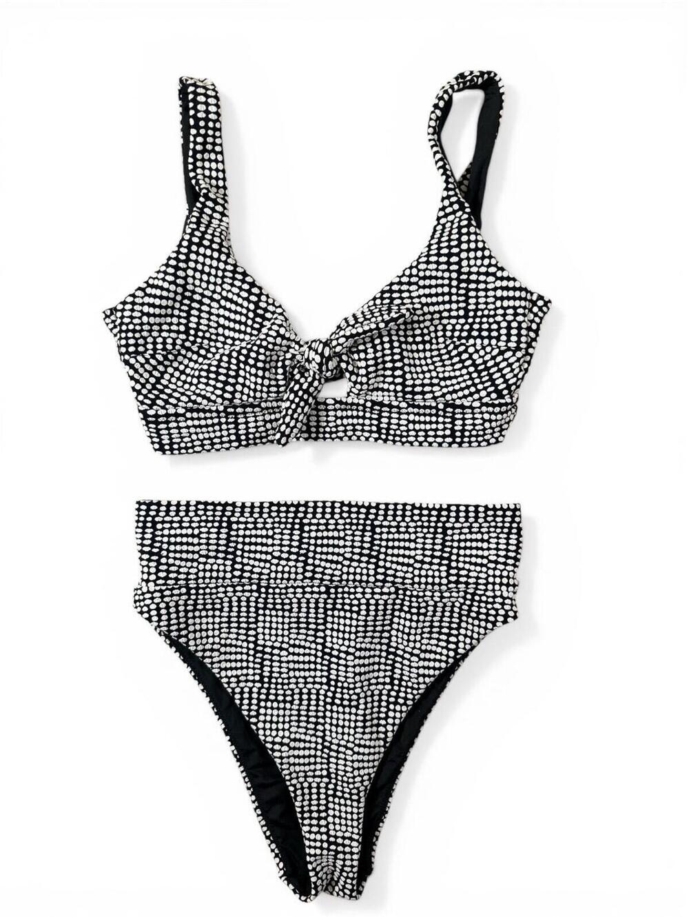 Aerie Jacquard Black White Polka Dot Bikini Set Tie Scoop Top High Cut Size M